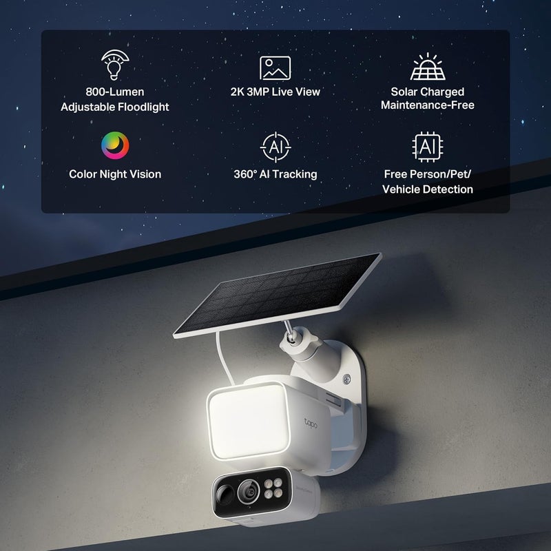 tapo 2K Dimmable Floodlight Security Camera Outdoor Wireless w/Solar Panel, Pan/Tilt, 360º AI Tracking, Free Person/Vehicle Detection, Works w/Alexa and Google Assistant, SD/Cloud, C615F KIT - Image 2